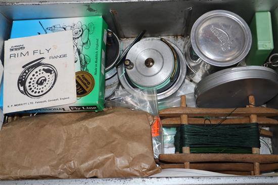 Three fishing rods and a box of flies etc